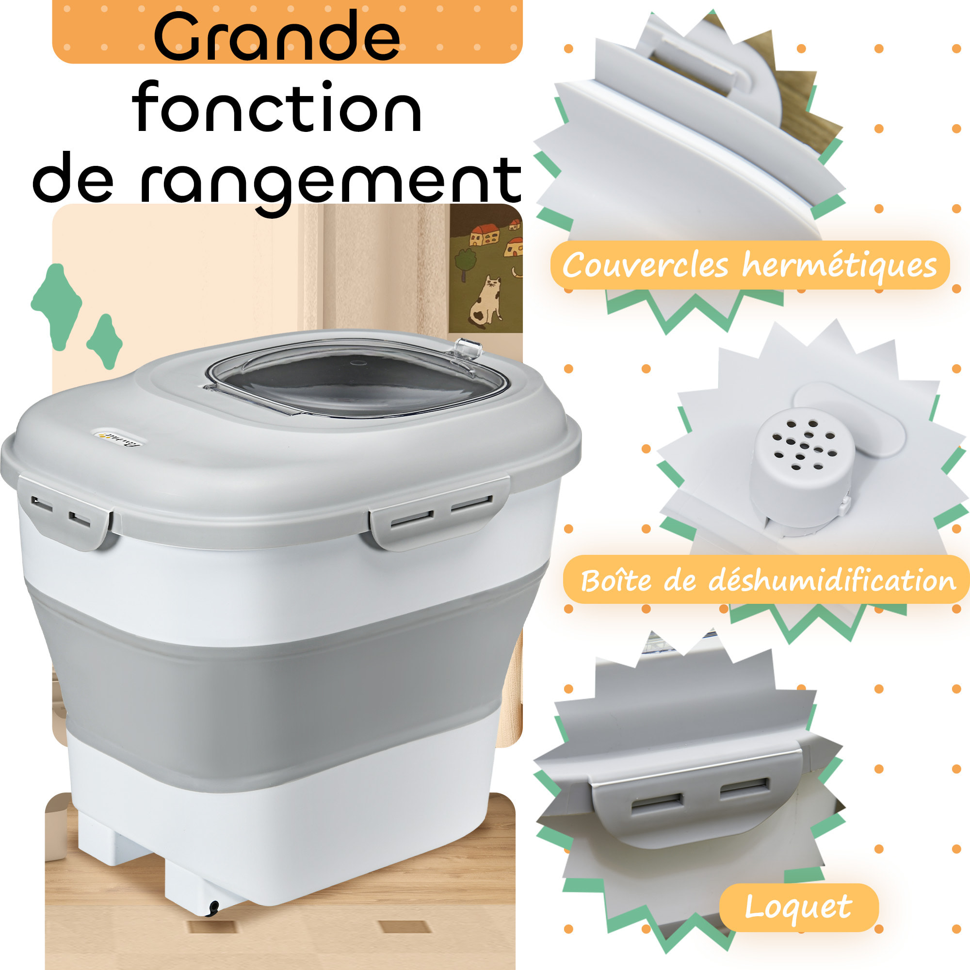 Conteneur à croquettes pour chiens et chats pliable 25L - roulettes, tasse, bol, cuillère - gris