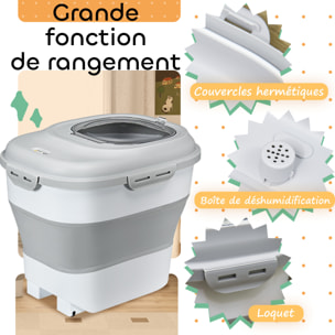 Conteneur à croquettes pour chiens et chats pliable 25L - roulettes, tasse, bol, cuillère - gris