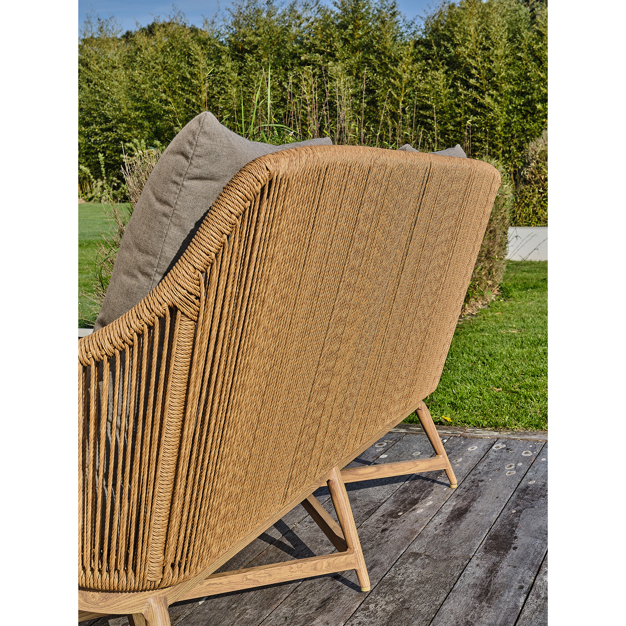 PALMAS - Salon bas de jardin 5 places alu aspect bois, teck et corde tissée