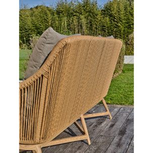 PALMAS - Salon bas de jardin 5 places alu aspect bois, teck et corde tissée