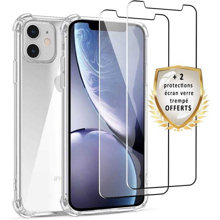 Coque iPhone 11 Antichoc Silicone + 2 Vitres en verre trempé Protection écran