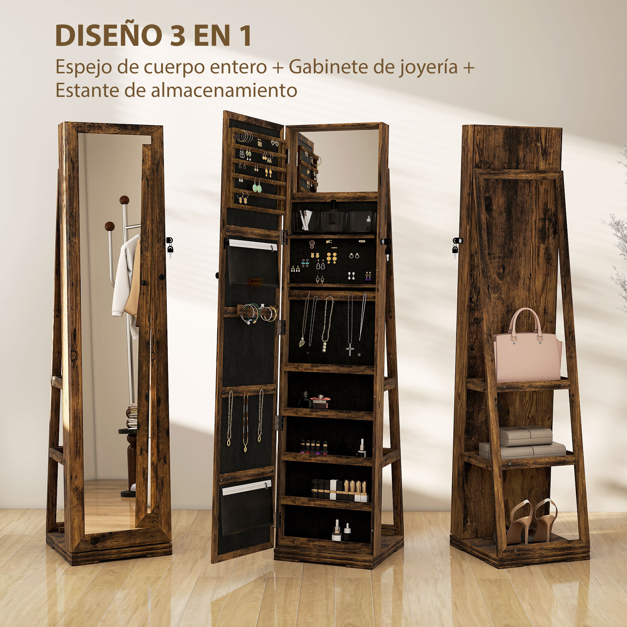 Espejo Joyero de Pie, Armario para Joyas Giratorio 360°, Armario Joyero con Cerradura, Llaves, Estantes Posteriores y Espejo Pequeño Incorporado, para Dormitorio y Vestidor, Marrón Rústico