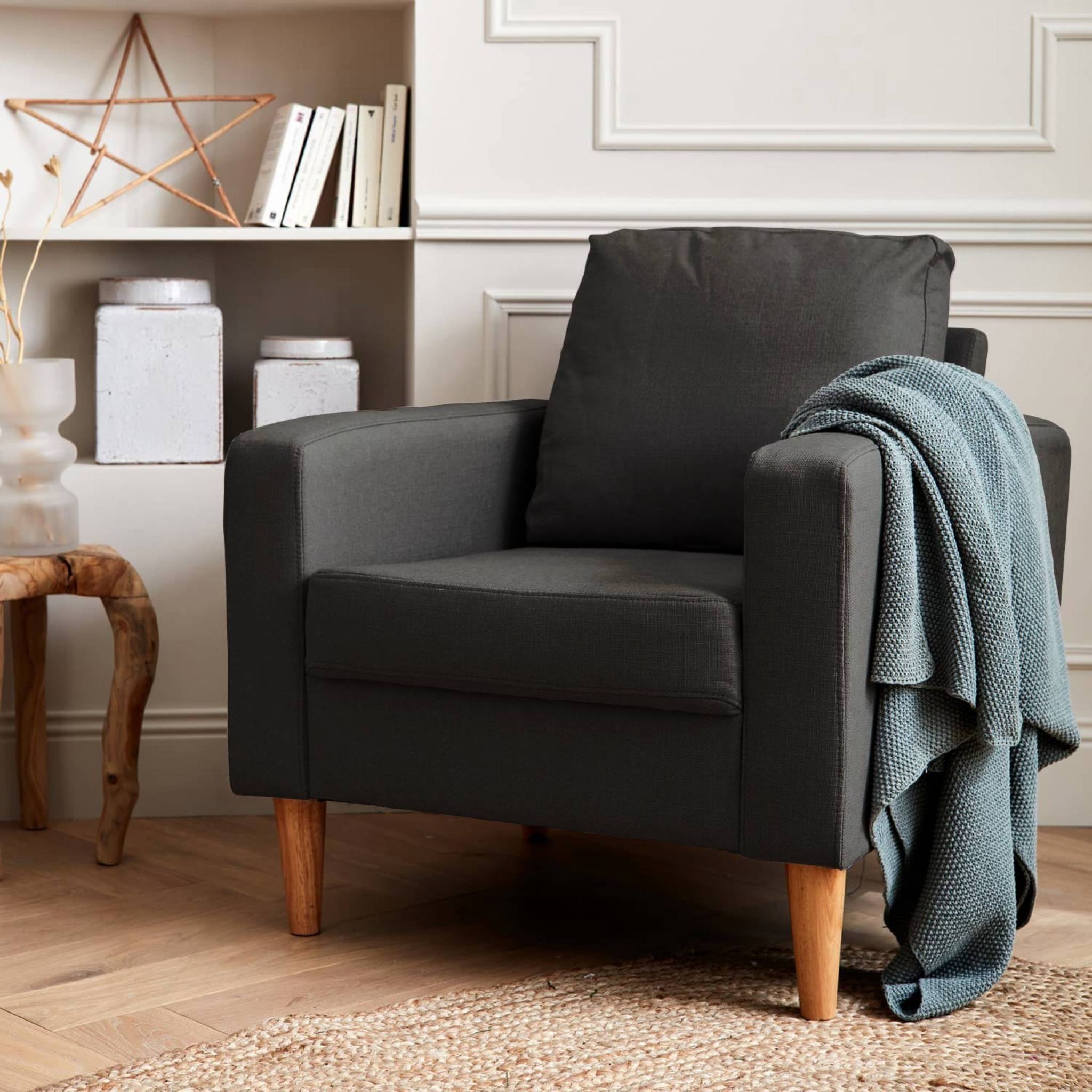 Fauteuil scandinave en tissu gris chiné foncé - Bjorn - Canapé 1 place fixe droit pieds bois