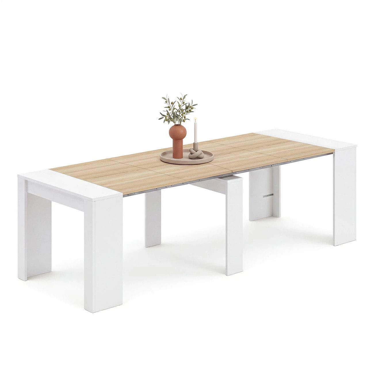 Mesa consola extensible en blanco artik y roble canadian 50-235x90 cm Denis Blanco Artik (Blanco Mate) - Roble Canadian