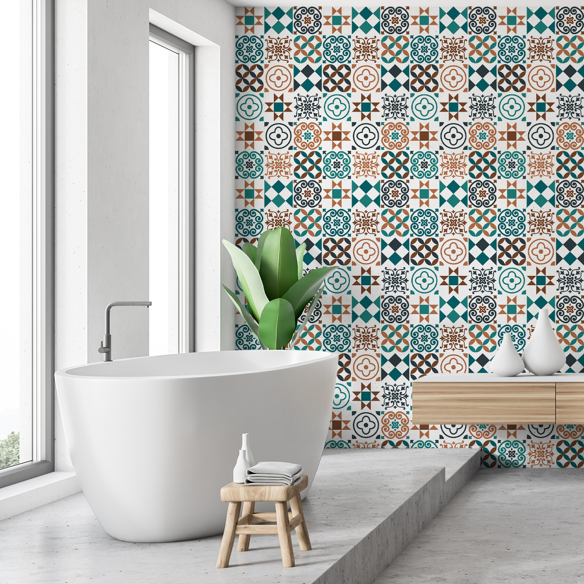 Stickers muraux - Sticker Mural Carrelage adhésif Cuisine Salle de Bain - 60 STICKERS CARREAUX DE CIMENT AZULEJOS VICINDA