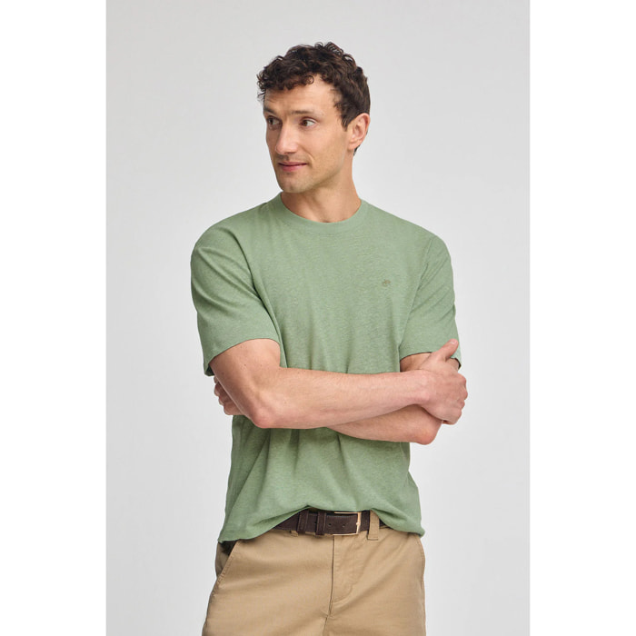Camiseta verde jade en lino y algodón de cuello redondo y monograma bordado