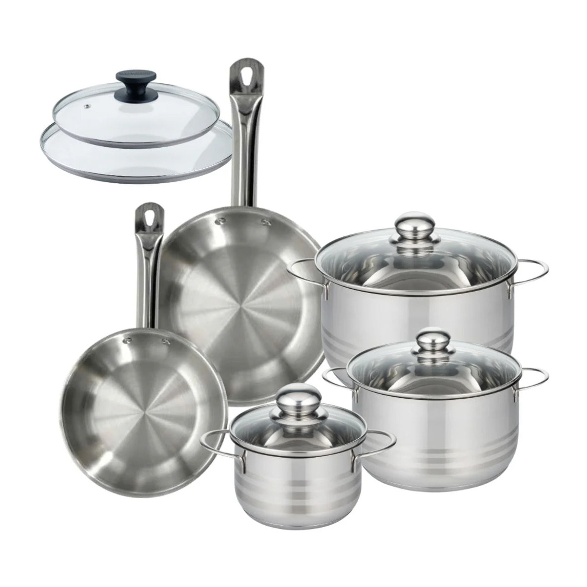 Set 2 poêles 20 24 cm en inox et 2 couvercles verre, 3 faitouts inox 16, 20 et 24 cm Fackelmann Eterna