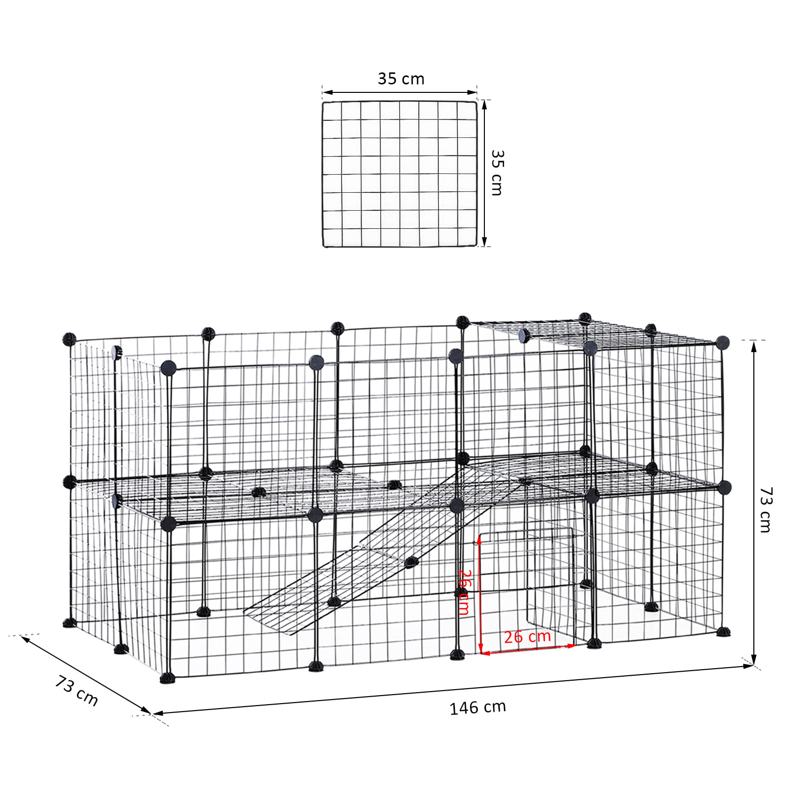 Cage parc enclos pour animaux domestiques L 146 x l 73 x H 73 cm modulable 2 niveaux 36 panneaux bords arrondis fil métallique noir