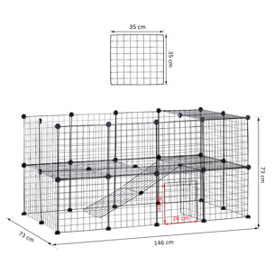 Cage parc enclos pour animaux domestiques L 146 x l 73 x H 73 cm modulable 2 niveaux 36 panneaux bords arrondis fil métallique noir