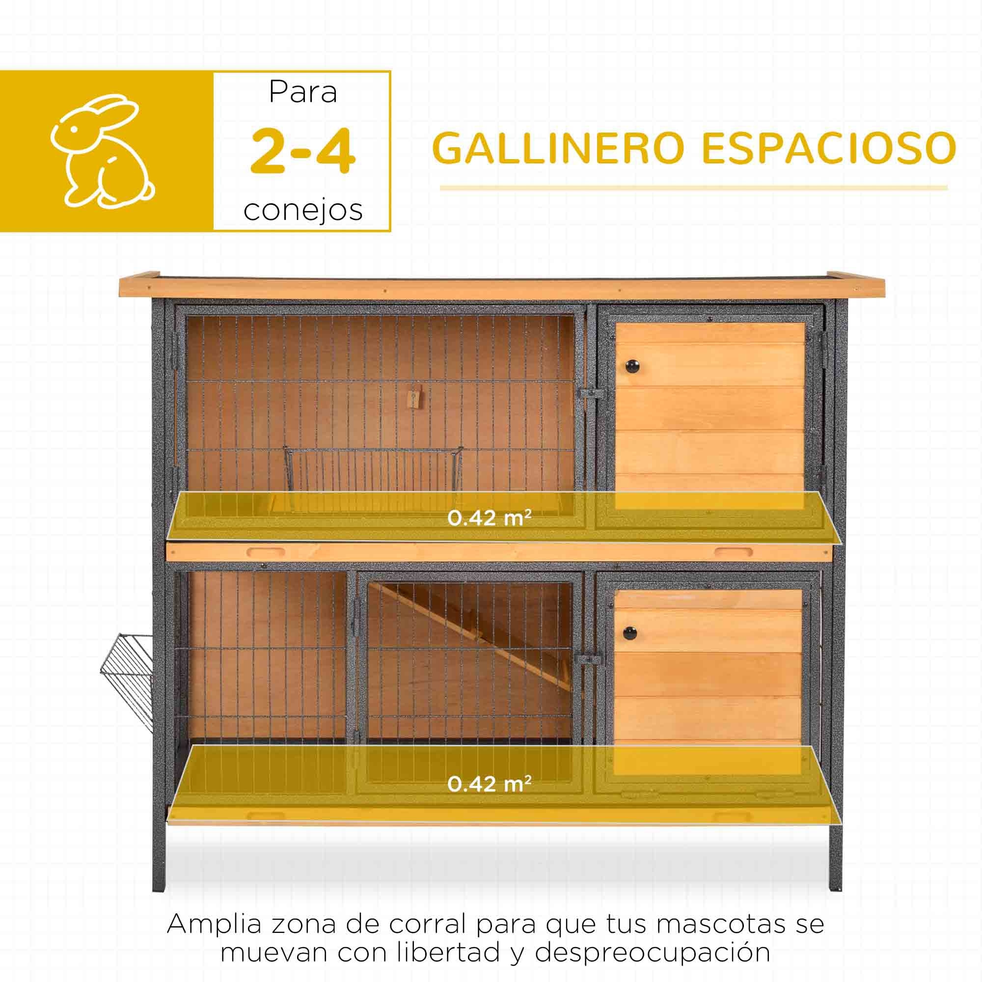 Conejera de Madera de 2 Niveles Jaula para Conejos con Techo Asfáltico Abatible Puertas con Pestillo Bandejas Extraíbles y Rampa Conejera para Exterior 122x50x101 cm Natural y Negro