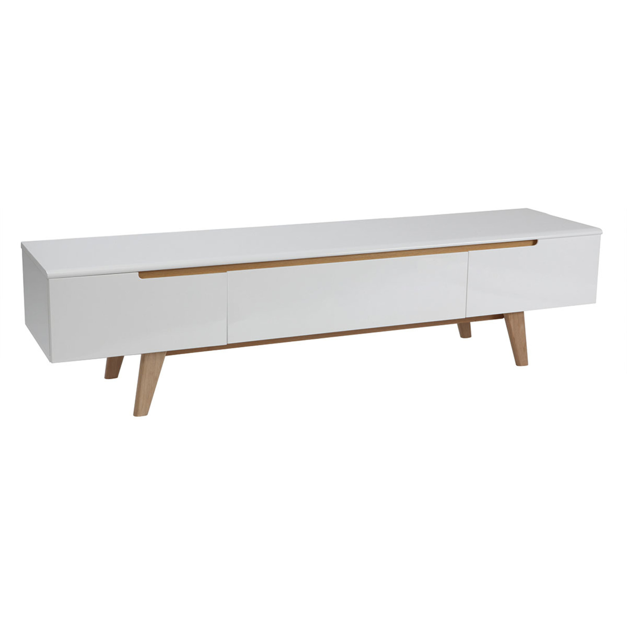 Meuble TV scandinave blanc laqué brillant et bois L180 cm MELKA