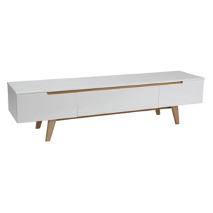 Meuble TV scandinave blanc laqué brillant et bois L180 cm MELKA