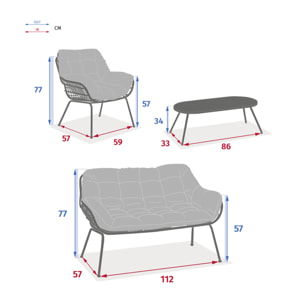 Salon de jardin "Paopao" graphite en acier traité en époxy 4 places