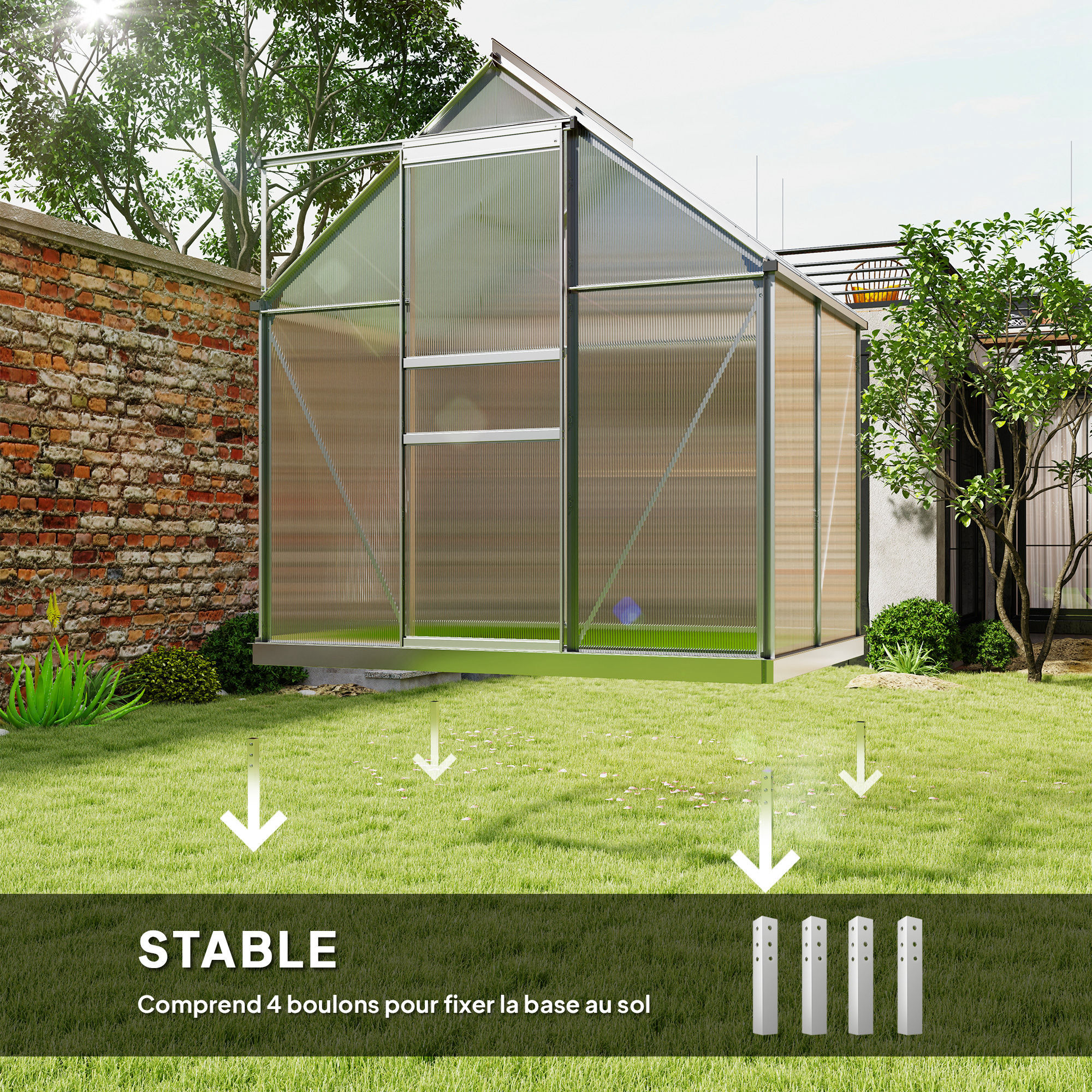 Serre de jardin aluminium polycarbonate 2,5 m² dim. 1,92L x 1,31l x 2H m lucarne réglable fondation porte coulissante