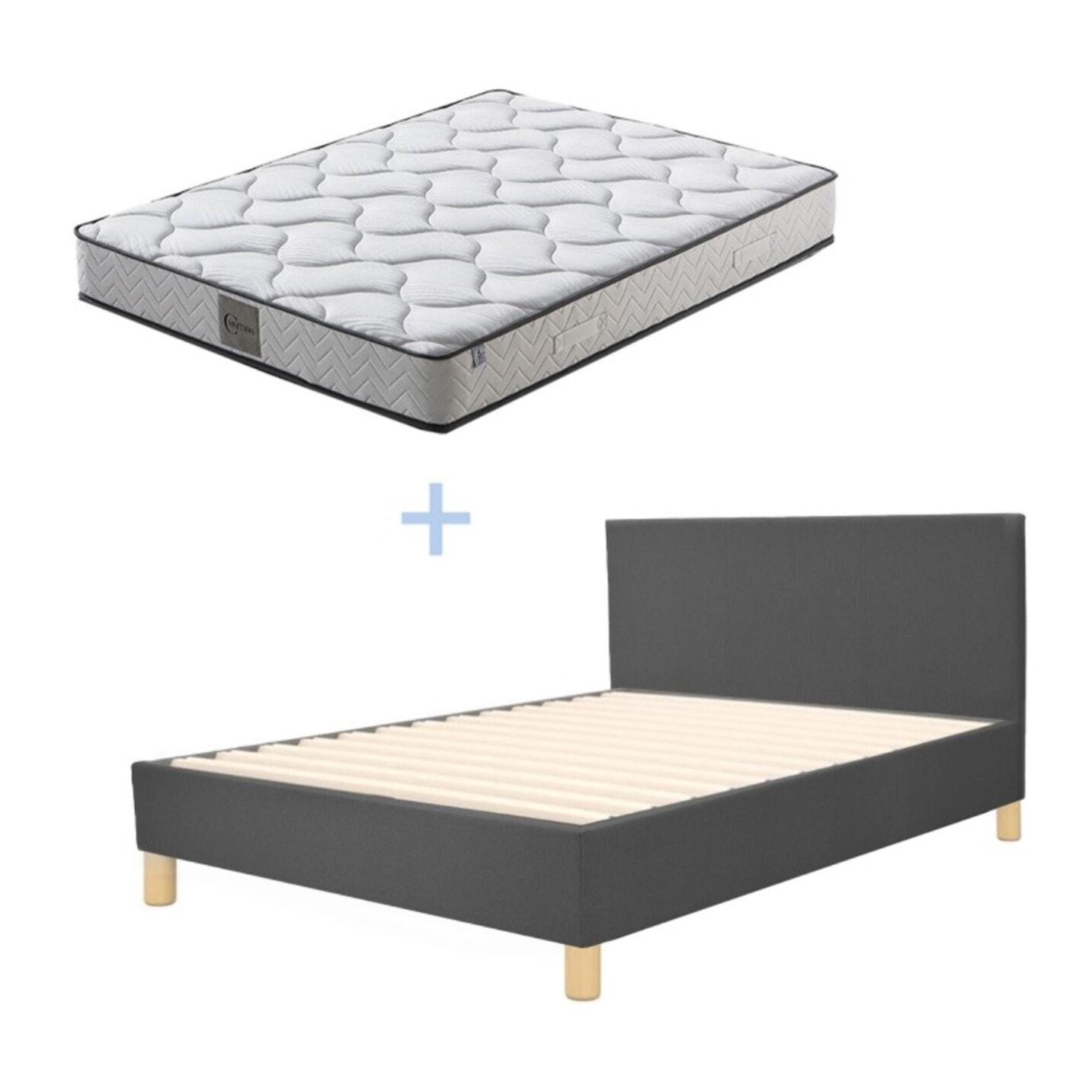 Ensemble Lit avec tête de lit & matelas | Mémoire de forme et ressorts ensachés | Cadre à lattes | Tissu | Gris foncé
