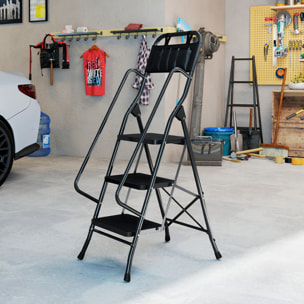 Escalera Plegable de 3 Peldaños con Bolsa de Herramientas, Escalera de Tijera, Carga 150 kg, con Peldaños Anchos Antideslizantes, Bloqueo de Seguridad, Apoyabrazos, Negro