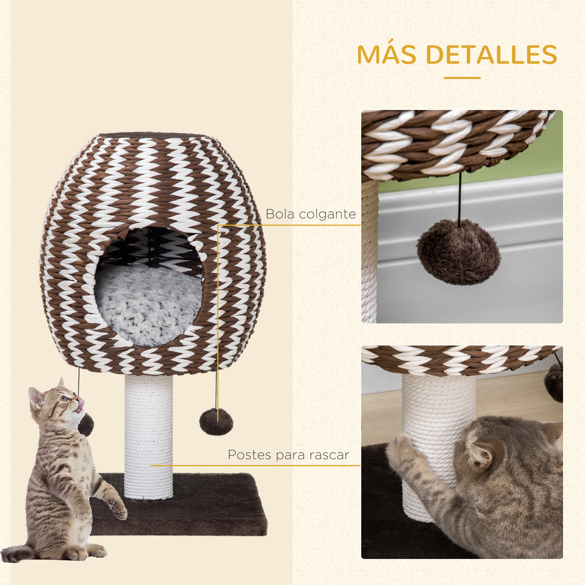 Árbol Rascador para Gatos Altura 67cm con Cueva de Franela Cojín Bolas Colgantes