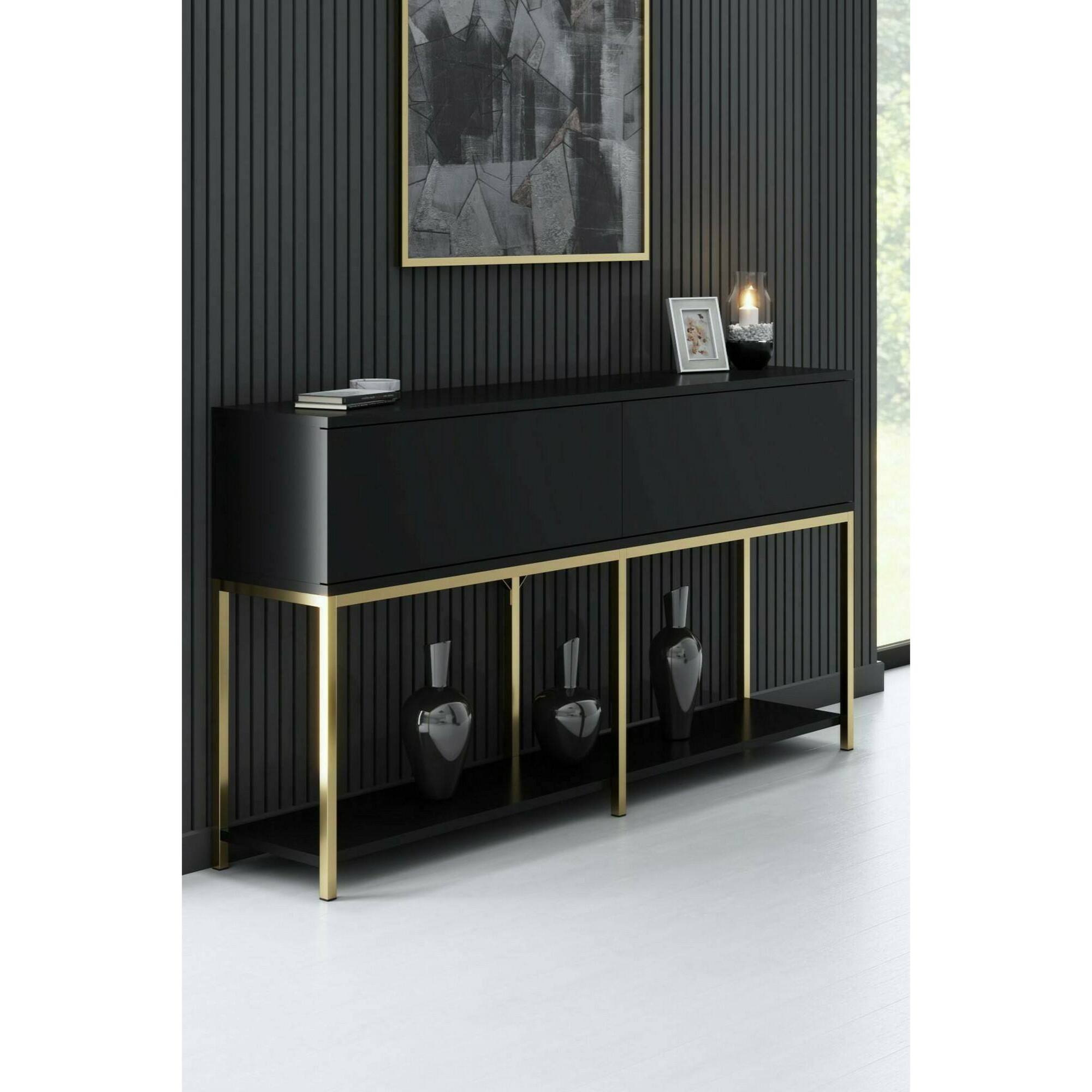 Credenza Djimsit, Buffet da soggiorno, Madia da salotto, Dispensa da cucina, 150x30h80 cm, Nero e Oro