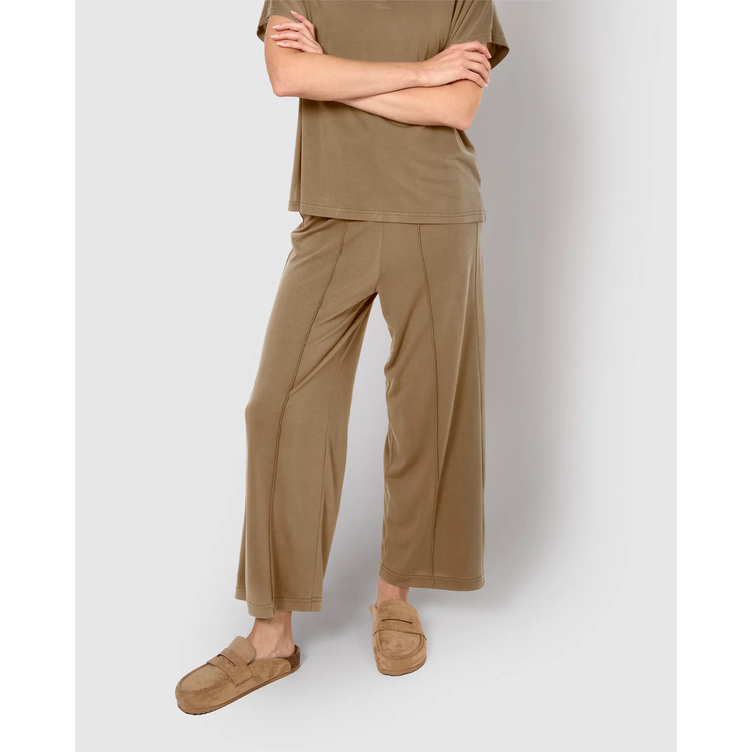 Pantaloni crop fluido verde cachi
