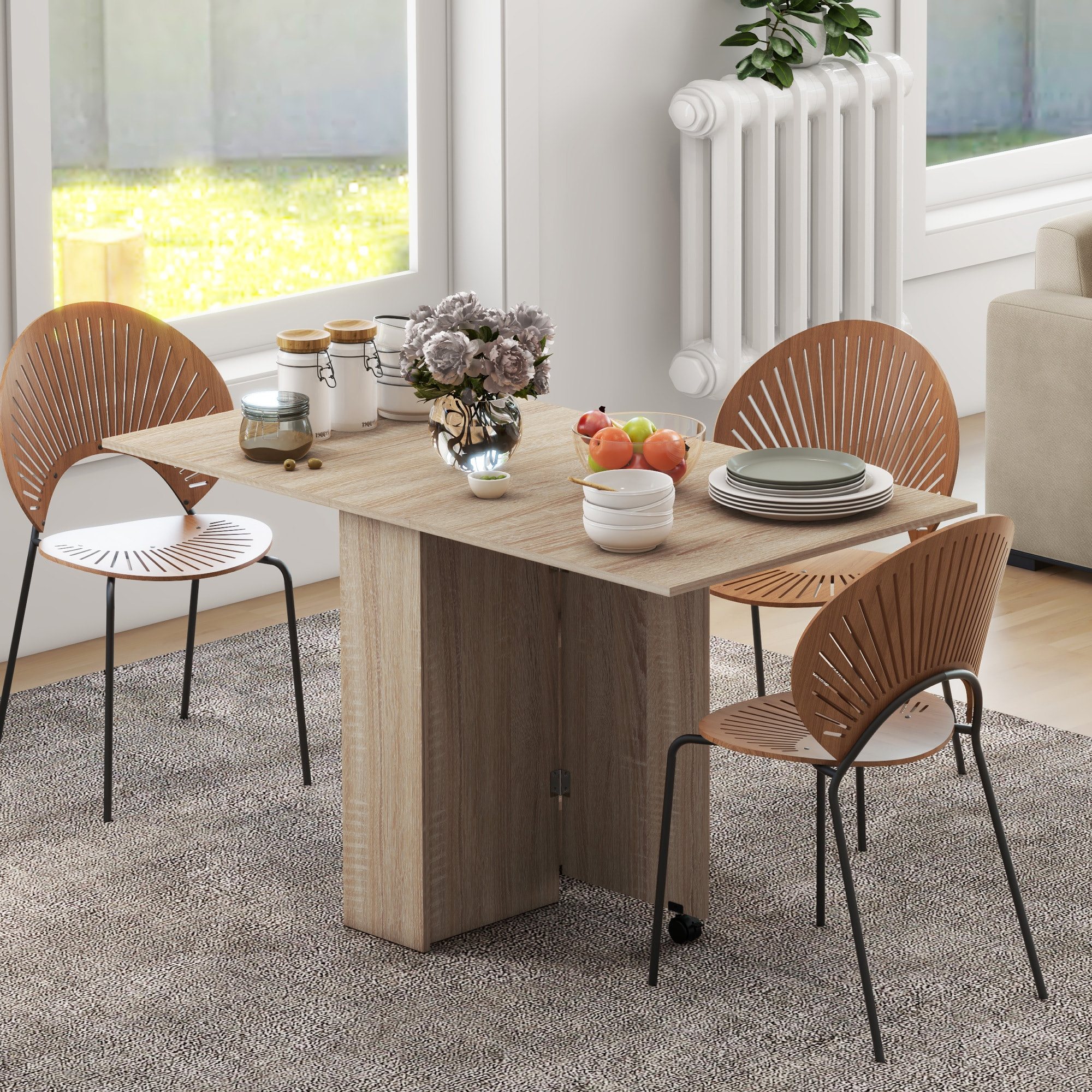 Table à manger pliante mobile sur roulettes avec 2 plateaux rabattables et 2 étagères intégrées - 140 x 80 x 74 cm naturel