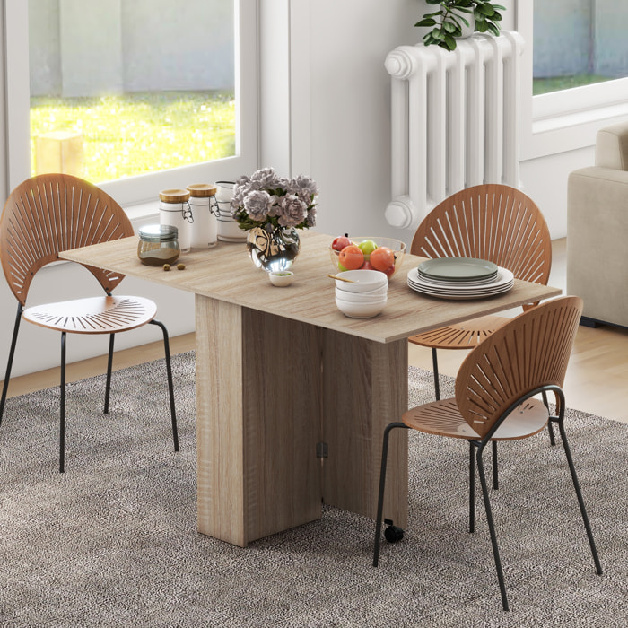 Table à manger pliante mobile sur roulettes avec 2 plateaux rabattables et 2 étagères intégrées - 140 x 80 x 74 cm naturel