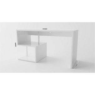 Scrivania moderna ad Esse per ufficio e studio con scaffale, Made in Italy, Tavolo da computer, Scrittoio porta PC, cm 140x60h78, colore Bianco lucido