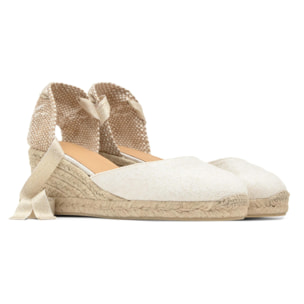 Alpargata de cuña Carina en lino metalizado con cierre de cintas
