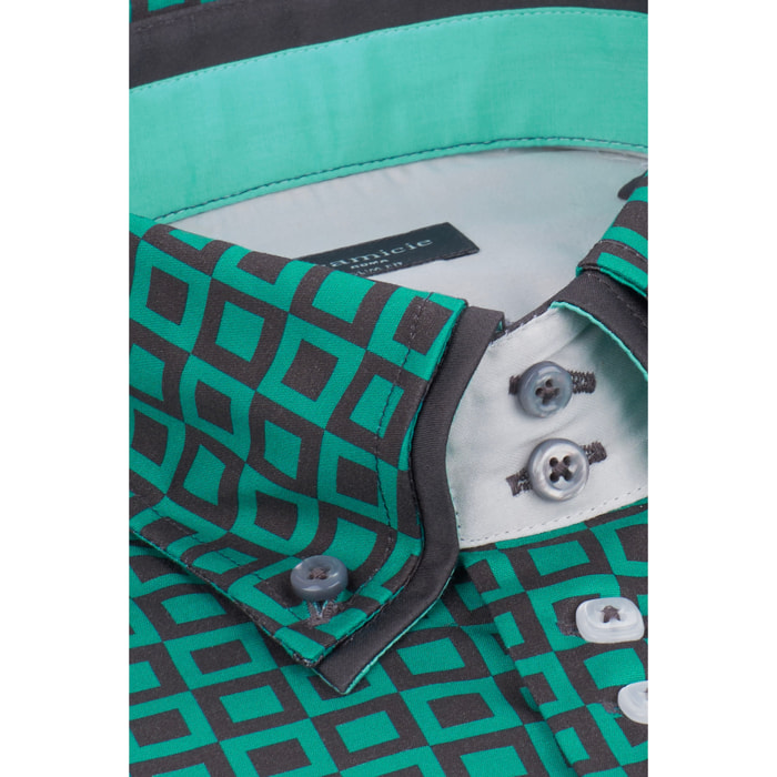 Camicia Uomo 2 Bottoni Button Down 7bottoni Doppio Coll Popeline Stampato Verde Foglia Piombo