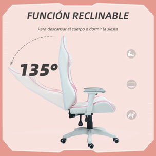 HOMCOM Silla Gaming Reclinable Silla Gamer Giratoria con Cojín Lumbar Reposabrazos Ajustable Reposacabezas Extraíble Basculante y Altura Ajustable para Oficina Estudio 67x60x120-128 cm Blanco y Rosa