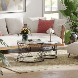 Juego de 2 Mesas Nido Mesas de Centro para Salón Redondas con Tablero con Diseño de Mármol Marco de Metal para Sala de Estar Dormitorio Gris y Blanco