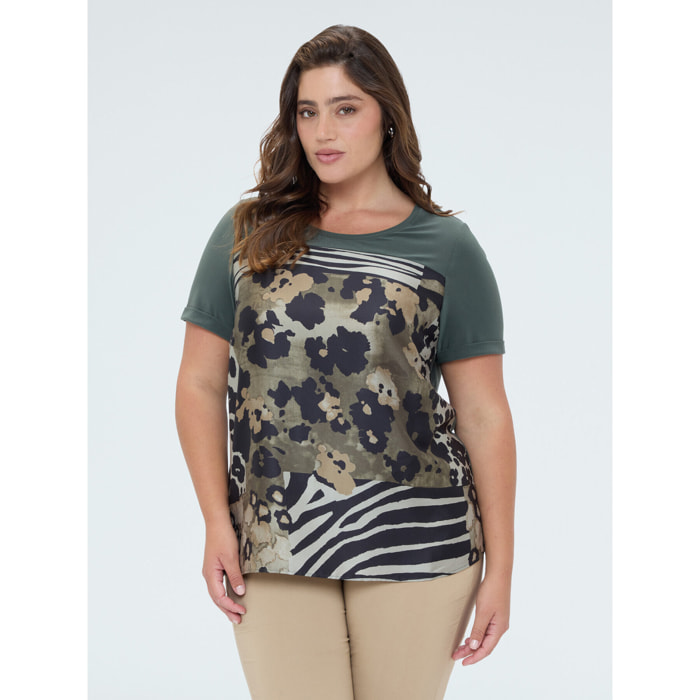 Fiorella Rubino - T-shirt bimaterica con stampa - Verde militare
