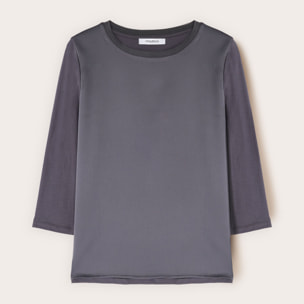 Motivi - T-shirt bimaterica a maniche tre quarti - Grigio