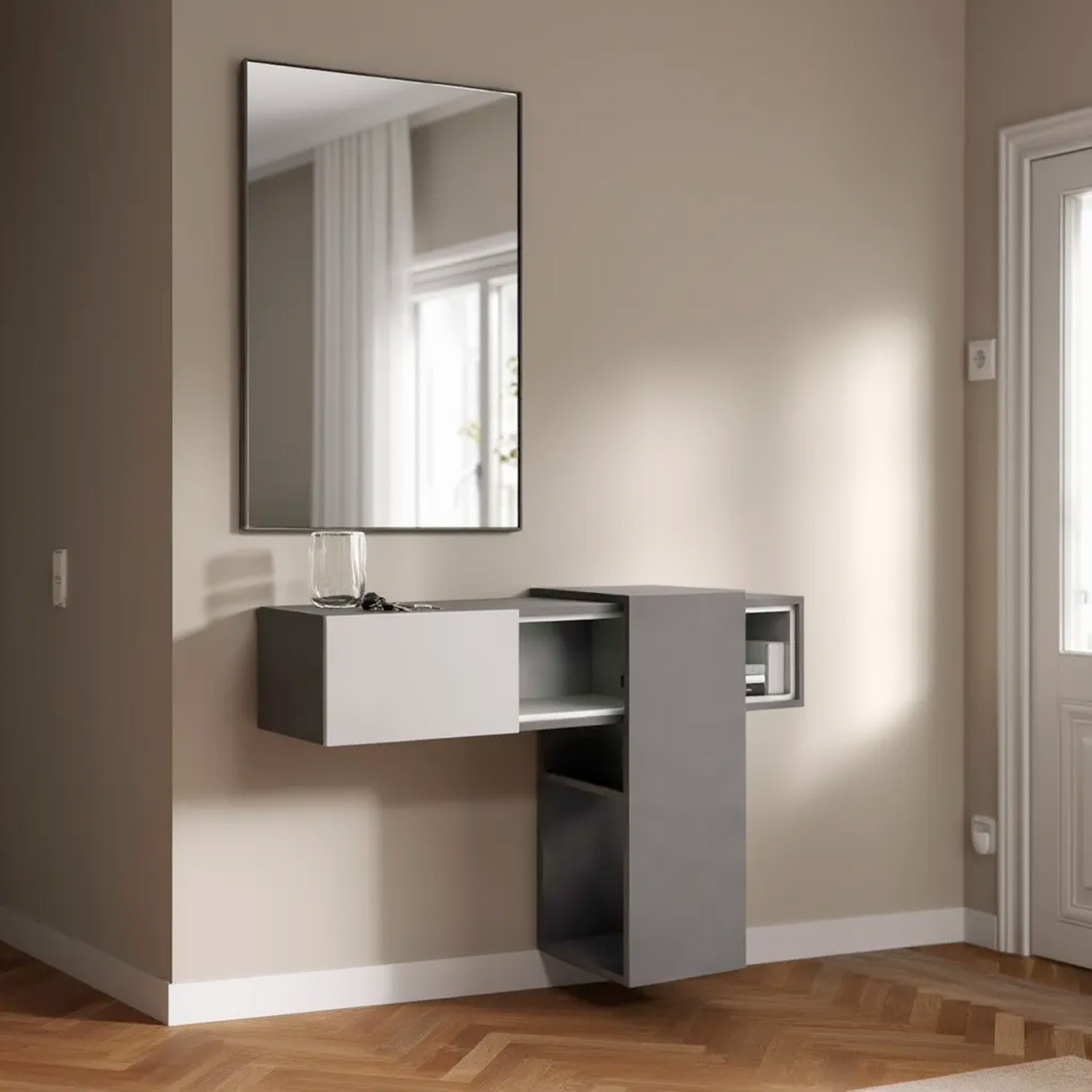 Mobile Danzica Mobiletto da Ingresso Mensola Sospesa con Specchio E Ripiani Scorrevole Arredo 100 x 31.5 x 75 cm Grigio Scuro E Grigio Chiaro