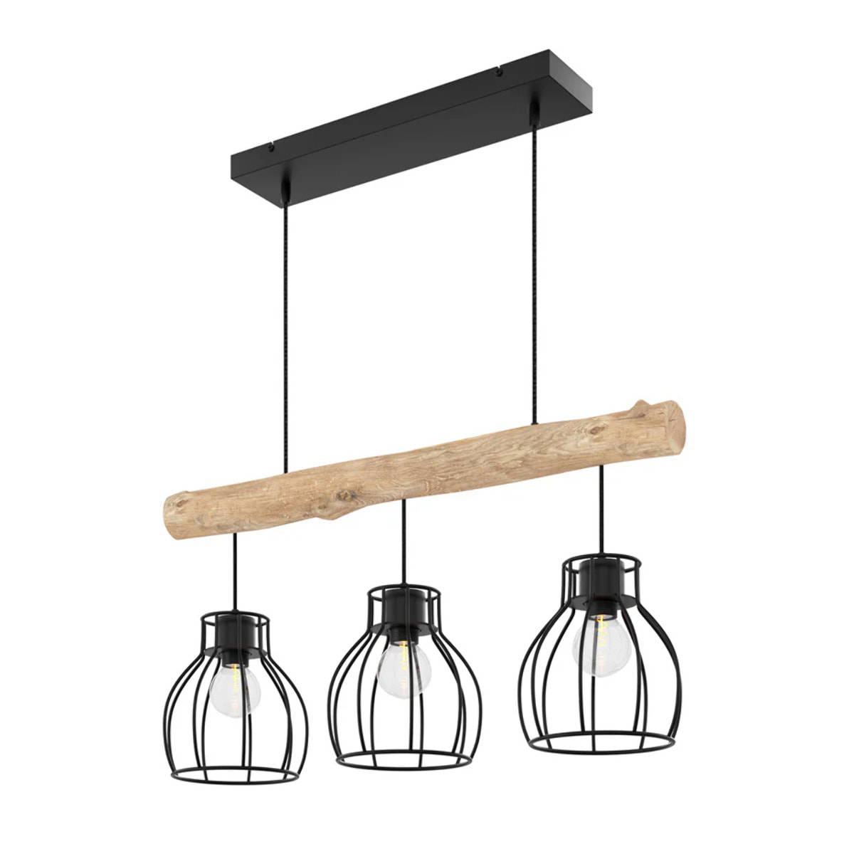 Suspension 3 lampes en bois d'eucalyptus et métal noir - Abby