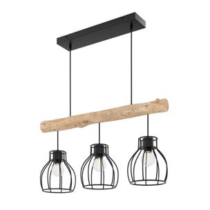 Suspension 3 lampes en bois d'eucalyptus et métal noir - Abby