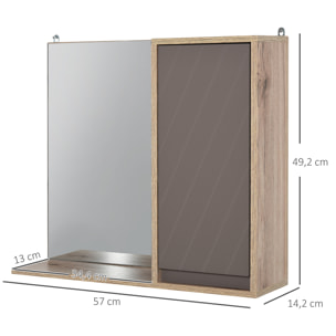 HOMCOM Armario de Baño con Espejo Mueble Auxiliar Montado en Pared con 1 Puerta y Estante Ajustable Estilo Moderno 57x14,2x49,2 cm Roble y Gris