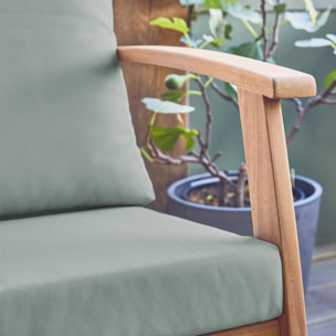 Salon de jardin USHUAIA 5 places vert de gris en bois d'acacia. un canapé. une table. deux fauteuils