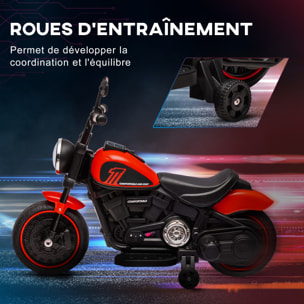 Moto électrique enfant 6 V 3 Km/h effet lumineux roulettes amovibles repose-pied pédale métal PP rouge noir