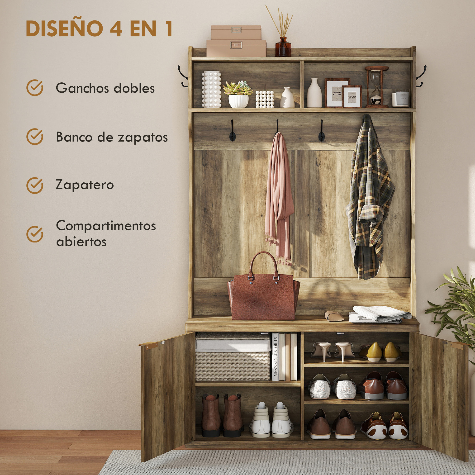 Perchero Zapatero, Perchero Recibidor con 2 Puertas, Estantes Abiertos, 6 Ganchos, para Pasillo, Dormitorio, Salón, Estilo Moderno, 100x38x172 cm, Roble