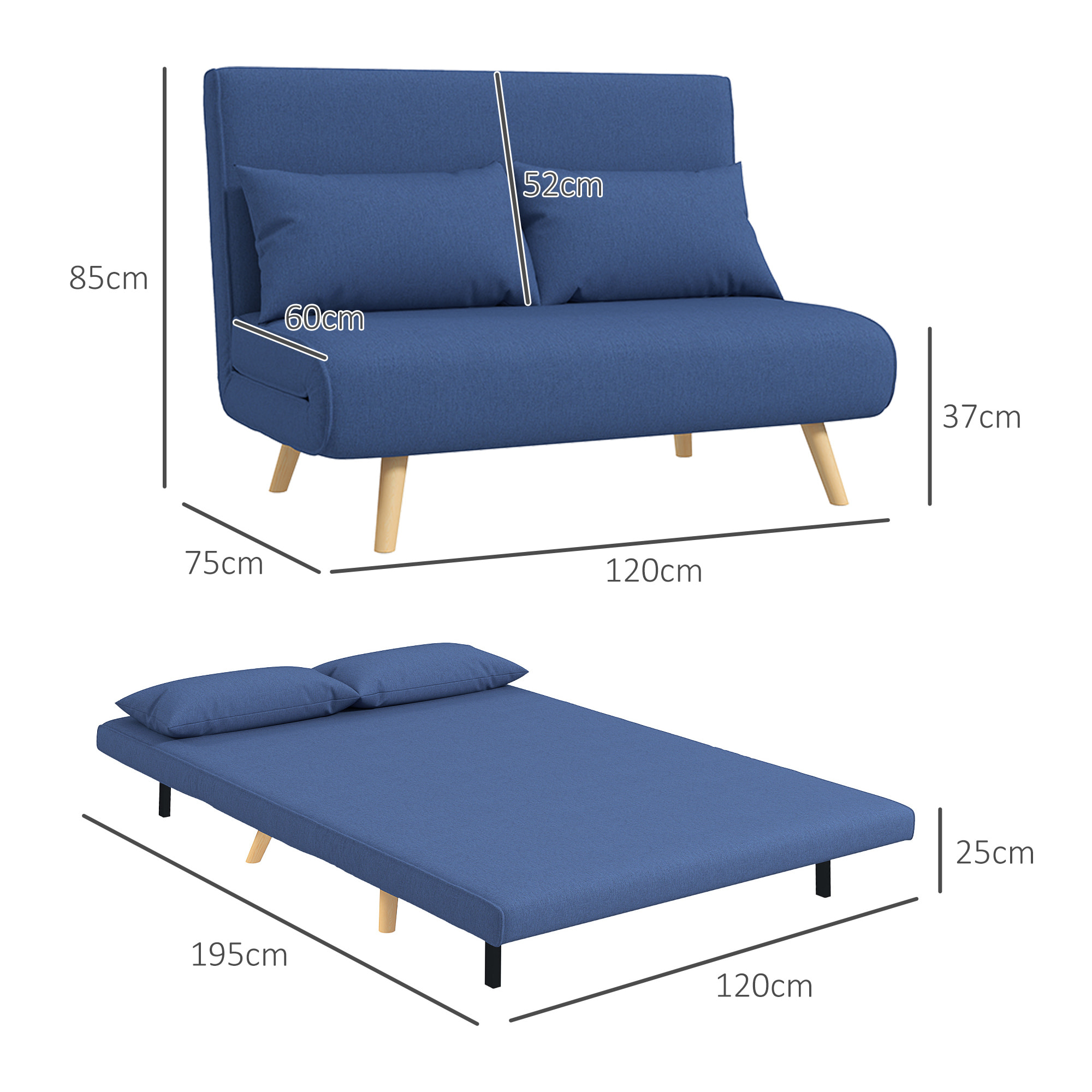 Sofá Cama de 2 Plazas Sofá Cama Plegable Tapizado en Lino con Respaldo Ajustable en 5 Posiciones y 2 Almohadas Sofá Cama Pequeño para Salón 120x75x85 cm Azul Oscuro