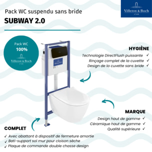 Pack WC sans bride Subway 2.0 avec abattant frein de chute + bâti Viconnect PRO + plaque noir mat