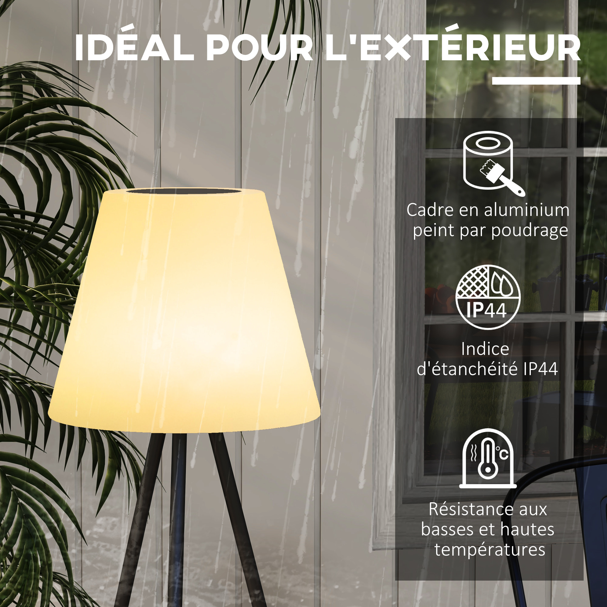 Lampadaire extérieur solaire LED trepied sans fil rechargeable USB réglable alu noir PE blanc