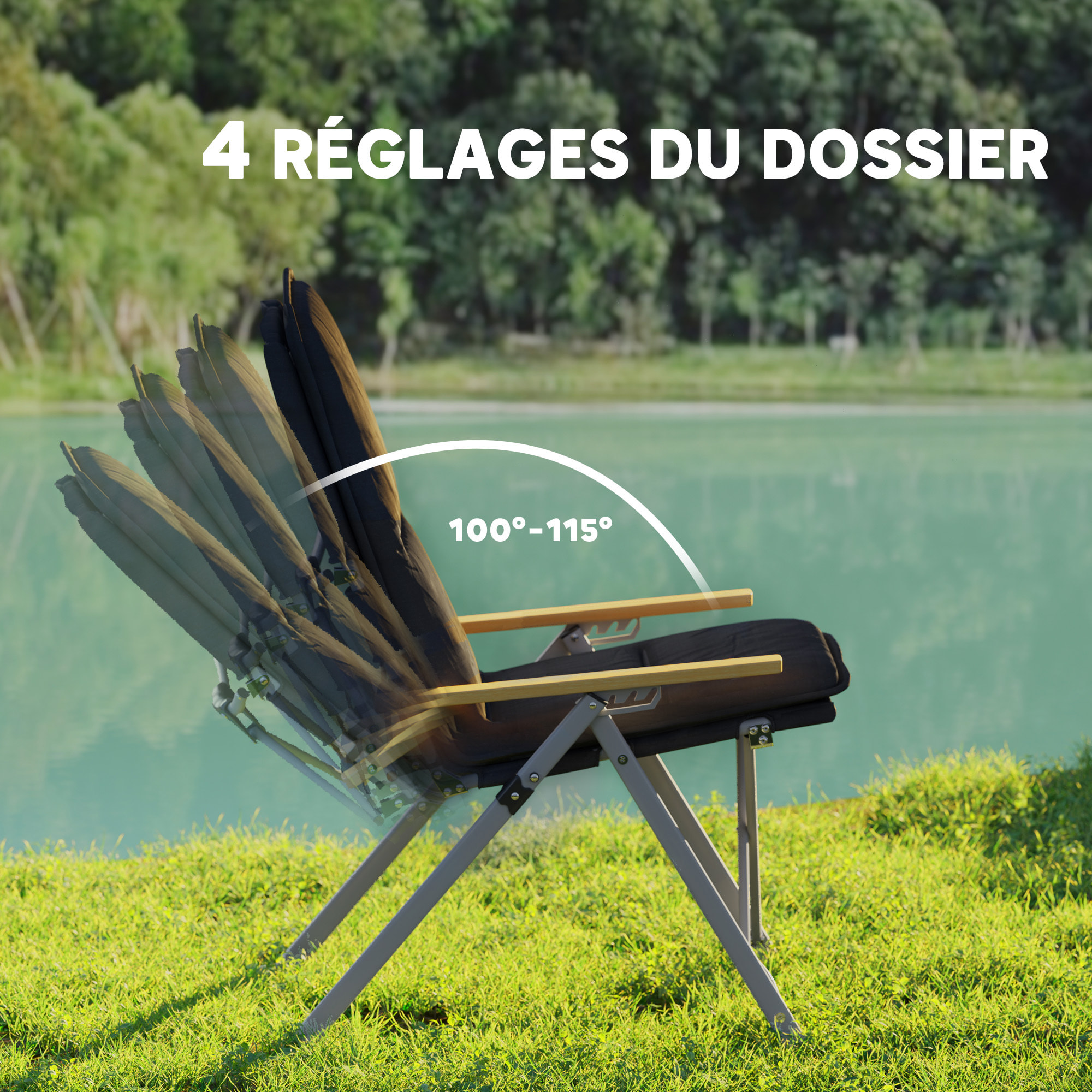 Chaise de camping pêche pliable inclinable 4 niveaux sac transport inclus alu gris bois polyester noir