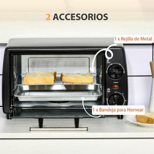 Horno Eléctrico Sobremesa 10 Litros 750W Horno Eléctrico Pequeño con Temperatura hasta 230 ℃ Temporizador 60 Minutos Bandeja y Rejilla 36,5x26x22 cm Negro