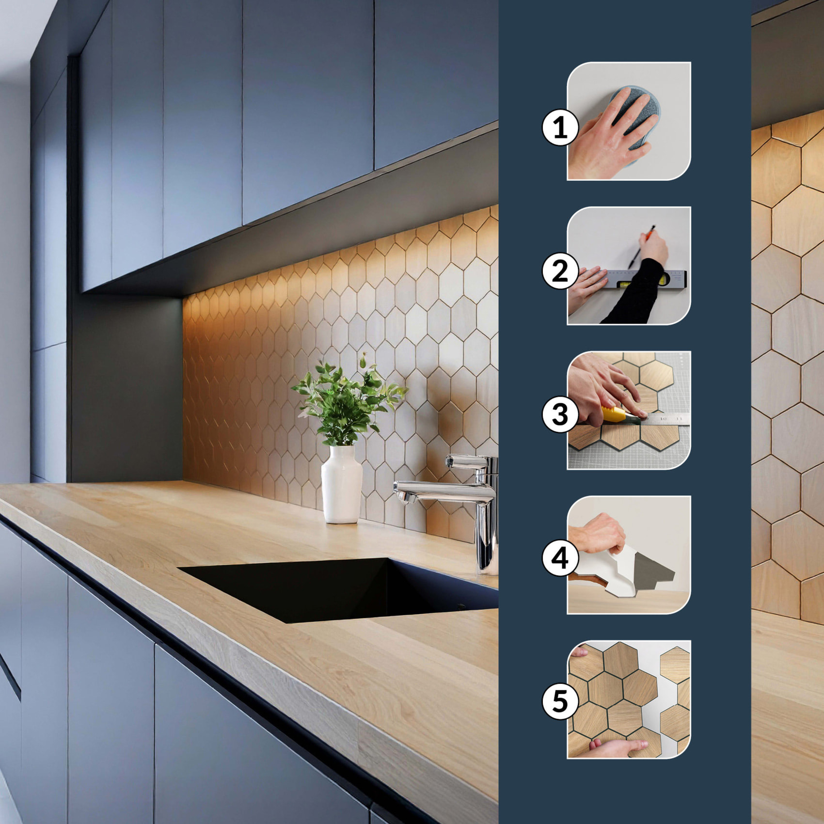 Crédence adhésive murale 3D  - Effet carrelage hexagonal 4 pièces - Naturel