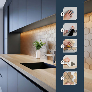 Crédence adhésive murale 3D  - Effet carrelage hexagonal 4 pièces - Naturel