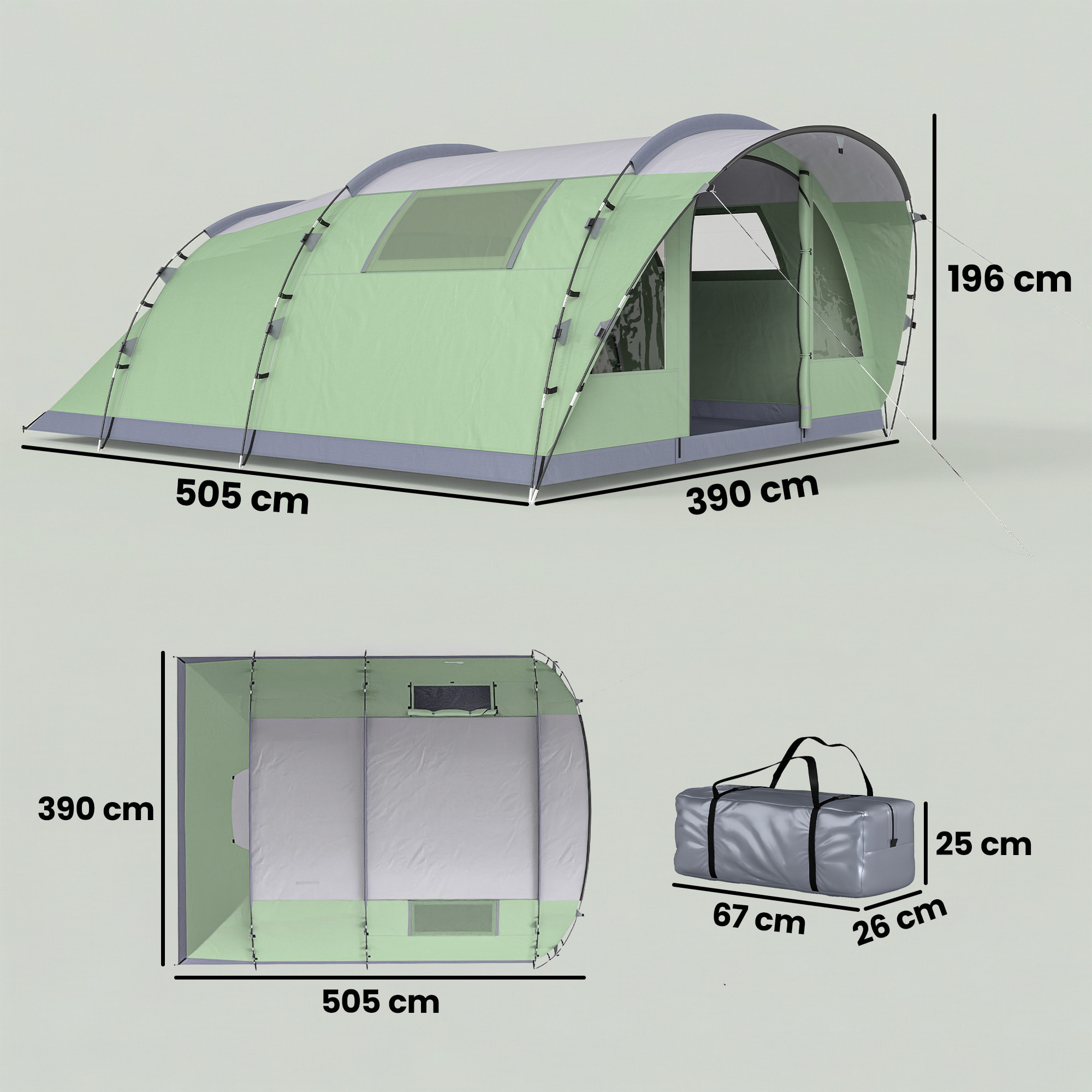 Tente de camping tunnel 4 personnes 2 pièces - étanche 3000mm - 505x390x196cm - vert