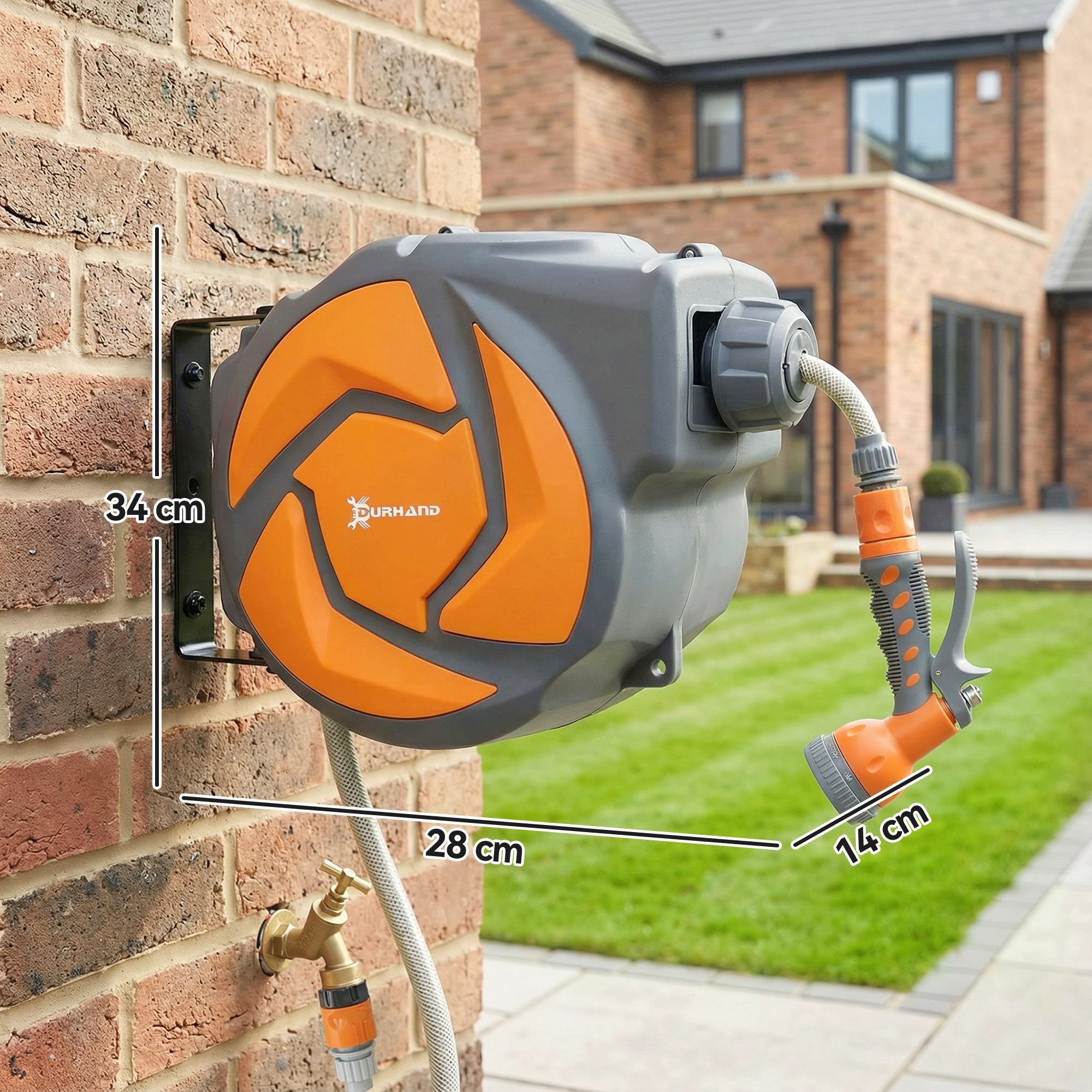 Enrollador de Manguera para Jardín 10+1 m con Boquilla de 7 Funciones, Carrete de Manguera de Jardín de Pared, Giratorio 180°, con Retorno Enrollado Automático, Gris Oscuro y Naranja