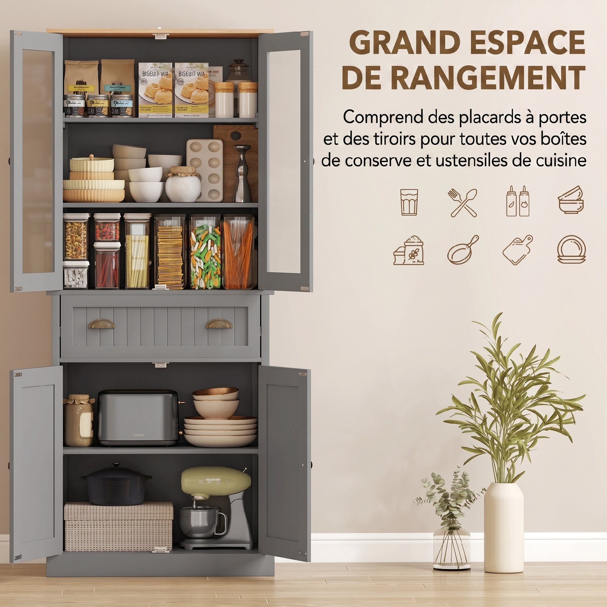 Armoire de cuisine buffet haut 4 portes grand tiroir coulissant dim. 76L x 40l x 182H cm panneaux gris verre