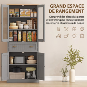 Armoire de cuisine buffet haut 4 portes grand tiroir coulissant dim. 76L x 40l x 182H cm panneaux gris verre
